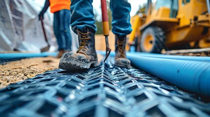 Detailed shot of construction workers laying PVC corrugated plastic insulation pipes on a building site, machinery and tools visible