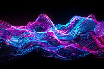 Energetic neon digital glitch art in electric blue and magenta tones. Abstract art on black background.