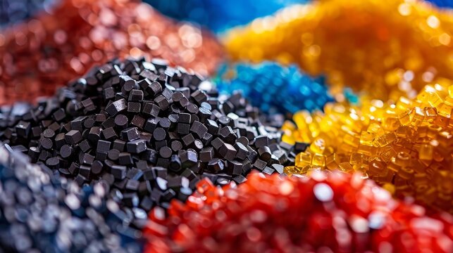 Detailed shot of colorful plastic granules used in the chemical industry, highlighting their significance in petroleum products