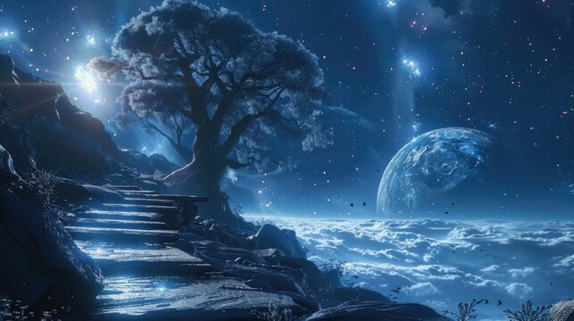 Steps lead to a tree under a cosmic night sky