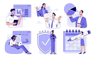 Set of business activity scenes. People entrepreneurs or office workers analyze financial statistics, develop growth strategy and manage time. Flat vector illustrations isolated on white background