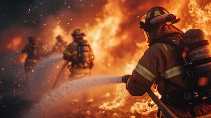 Detailed close-up of firefighters using hoses to put out a blazing fire, intense emergency response scene