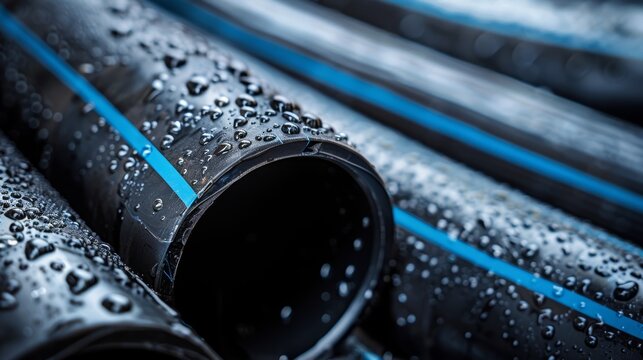 Detailed close-up of black plastic piping with a blue strip used for feeding water, showing texture and precision joinery