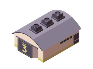Factory isometric icon. Industrial logistics building, plant warehouse for product distribution and storage. Manufacturing hangar. 3D vector illustration isolated on white background