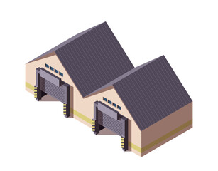 Factory isometric icon. Buildings for storage, distribution and shipping of manufacturing facilities. Industrial warehouses and logistics hangars. 3D vector illustration isolated on background