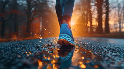 athlete runner feet taking off on a road at the start of a sunrise jog