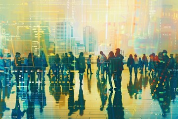 Silhouettes of people in a city with financial data processing overlay
