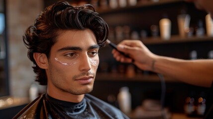 Obraz premium High-quality image of a stylist perfecting a gentleman's hairstyle with gel