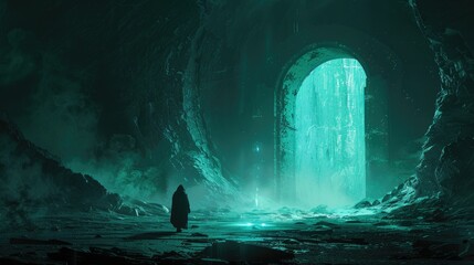 A lone figure faces a glowing green portal