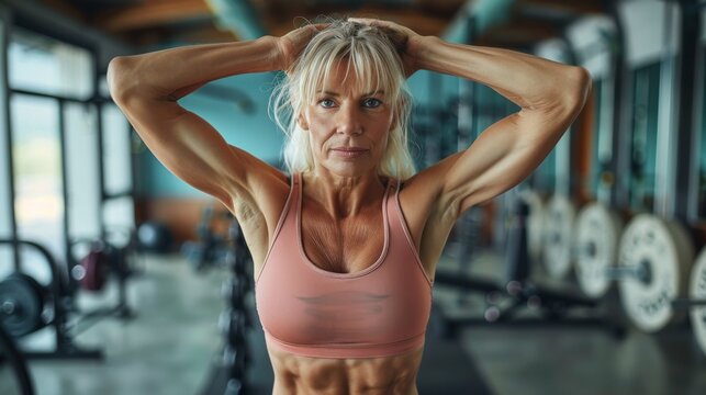 High-quality image of a fit 50-year-old woman doing a V-up exercise, showcasing her abs, blurred gym background