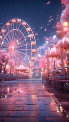 Amusement park at night with ferris wheel and cloudy sky