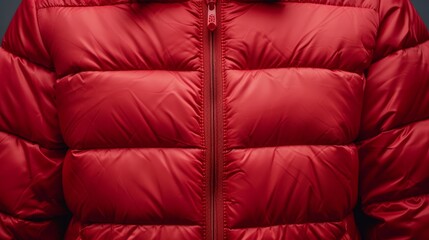 Close-up view of a red puffer jacket, perfect for adding advertising text, isolated background, studio lighting