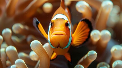 A Close-Up Image of an Amphiprion ocellaris Nestled Within an Anemone
