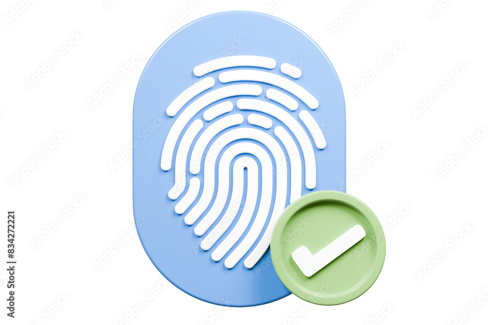 Poster 3d protection fingerprint authorization with check mark icon isolated on blue background. biometric 