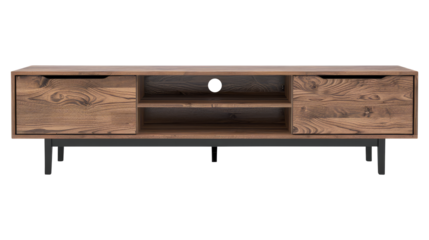 Modern wood tv stand isolated on transparent white background, clipping path