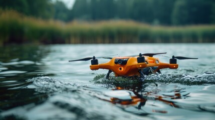 Fototapeta premium Advanced rescue drone reaching out of the water to save a drowning person, displaying cutting-edge technology