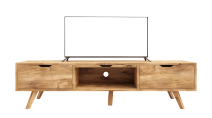 Modern wood tv stand isolated on transparent white background, clipping path
