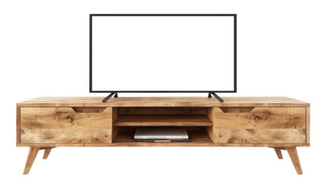Modern wood tv stand isolated on transparent white background, clipping path