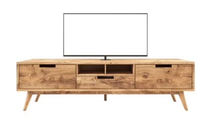 Modern wood tv stand isolated on transparent white background, clipping path