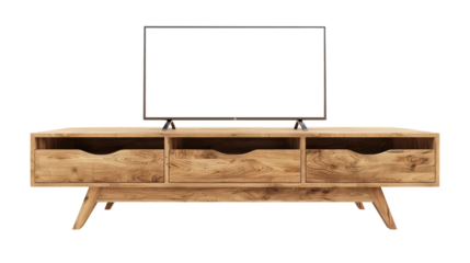 Modern wood tv stand isolated on transparent white background, clipping path
