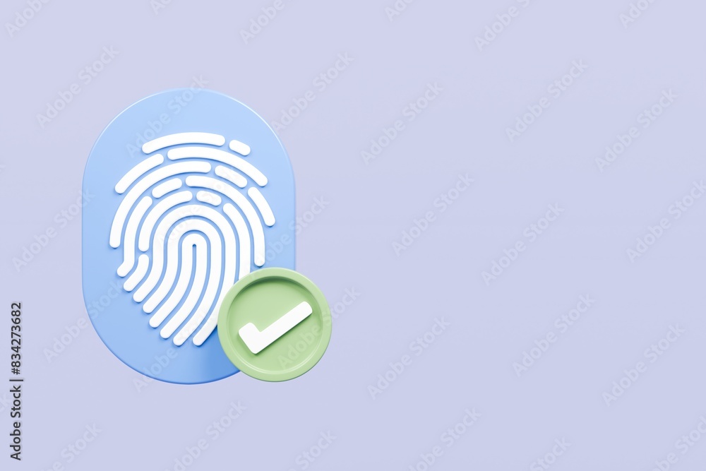 Poster 3d protection fingerprint authorization with check mark icon isolated on blue background. biometric 