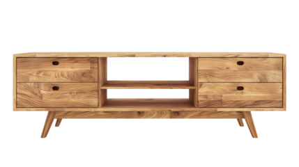 Modern wood tv stand isolated on transparent white background, clipping path