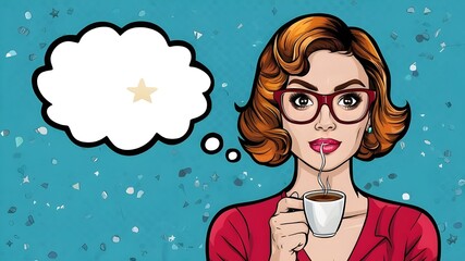Pop Art Girl with Coffee Cup in Glasses and Thought Bubble: Party Invitation, Birthday Card, Comic Woman