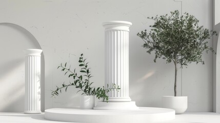 Fototapeta premium Background podium column 3d roman luxury greek white ancient display product classic. Podium platform background column pillar stage minimal stand beauty design greece render scene plant cosmetic rome