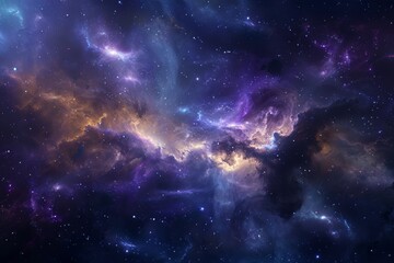 A breathtaking nebula in space, displaying a magnificent blend of dark blues, purples, and golden hues. The nebula's intricate clouds and bright stars create a captivating cosmic scene.
