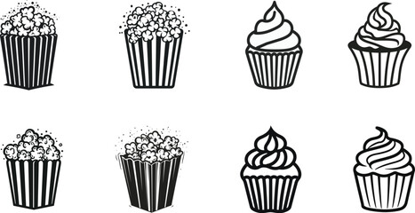 Set of cupcakes in doodle style A beautiful collection of muffins with cherry strawberries cream chocolate Vector illustration