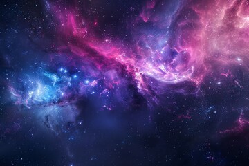Obraz premium This image captures a stunning nebula in deep space, showcasing vibrant shades of blue, pink, and purple. The intricate swirls of cosmic dust and gas are illuminated by distant stars.