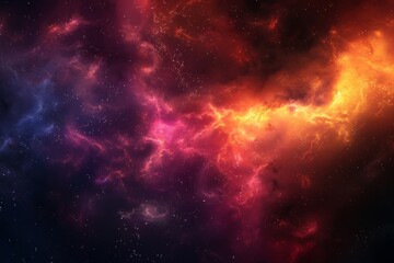 This image showcases a vivid nebula in outer space, featuring a dynamic blend of fiery orange, red, and purple hues. The nebula's glowing clouds are interspersed with countless twinkling stars.