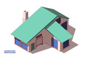 Private house isometric icon. Exterior of large family home or residential property with garage. Suburban real estate or townhouse. Cartoon 3D vector illustration isolated on white background