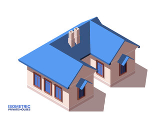 Private house isometric icon. Large luxury cottage or classic residential property exterior. Family home or village real estate. Cartoon 3D vector illustration isolated on white background