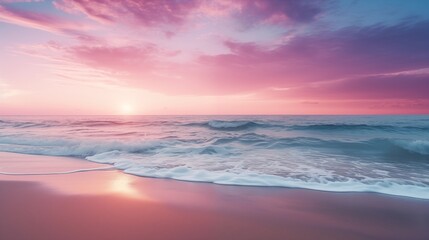 Beautiful Sunset over a Serene Beach with Waves and Pink Sky