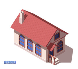 Private house isometric icon. Classic residential property or real estate for family. Exterior of brick luxury cottage or village home. Cartoon 3D vector illustration isolated on white background