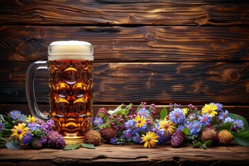 Oktoberfest with beer in glass isolated with leaves and flower, banner background for oktoberfest party festival