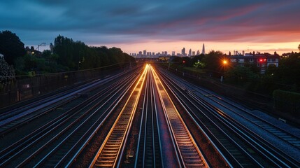A train is traveling down a track with a beautiful sunset in the background