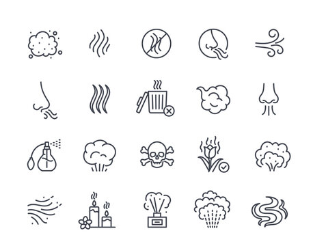 Smell linear icons set. Simple symbols associated with offensive odor, pleasant aroma and olfactory senses. Element with editable stroke. Outline flat vector collection isolated on white background