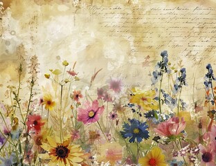 a fully written elegant wallpaper showing words and letters written in elegant font. Colorful wildflower embellishments. watercolor tones, digital paper style 