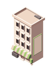 City building isometric icon. Urban residential property, large house with apartments and shop. Architectural facade of townhouse. Cartoon 3D vector illustration isolated on white background