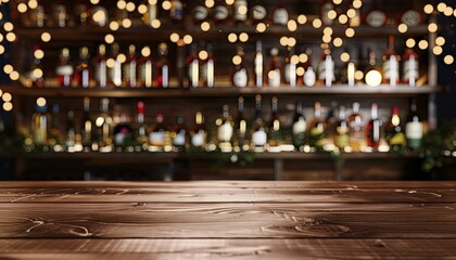 Fototapeta premium A bar with a wooden counter and a blurry background