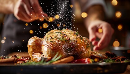 A person sprinkling salt on a roasted chicken