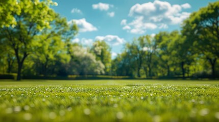 Beautiful blurred background image of spring nature with a neatly trimmed lawn surrounded by trees against a blue sky with clouds on a bright sunny day. 