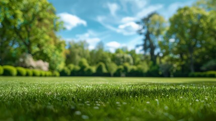Fototapeta premium Beautiful blurred background image of spring nature with a neatly trimmed lawn surrounded by trees against a blue sky with clouds on a bright sunny day. 