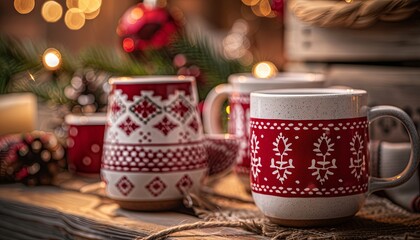 A collection of red and white mugs with Christmas designs