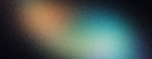 Grainy gradient background blue green orange abstract glowing color wave, black dark backdrop noise texture banner poster header design