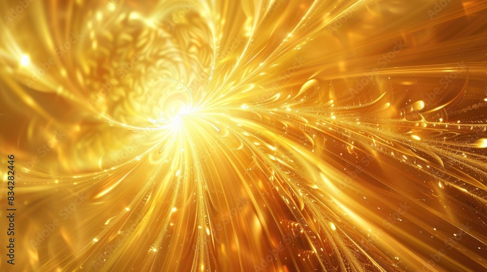 Poster abstract golden background featuring a fractal starburst with a glossy finish and decorative lines