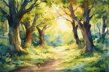 A painting of a forest with trees and a path. The mood of the painting is peaceful and serene