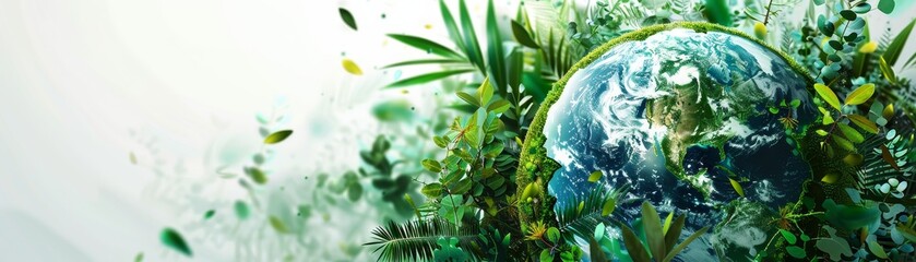 A green and blue planet with a leafy green background